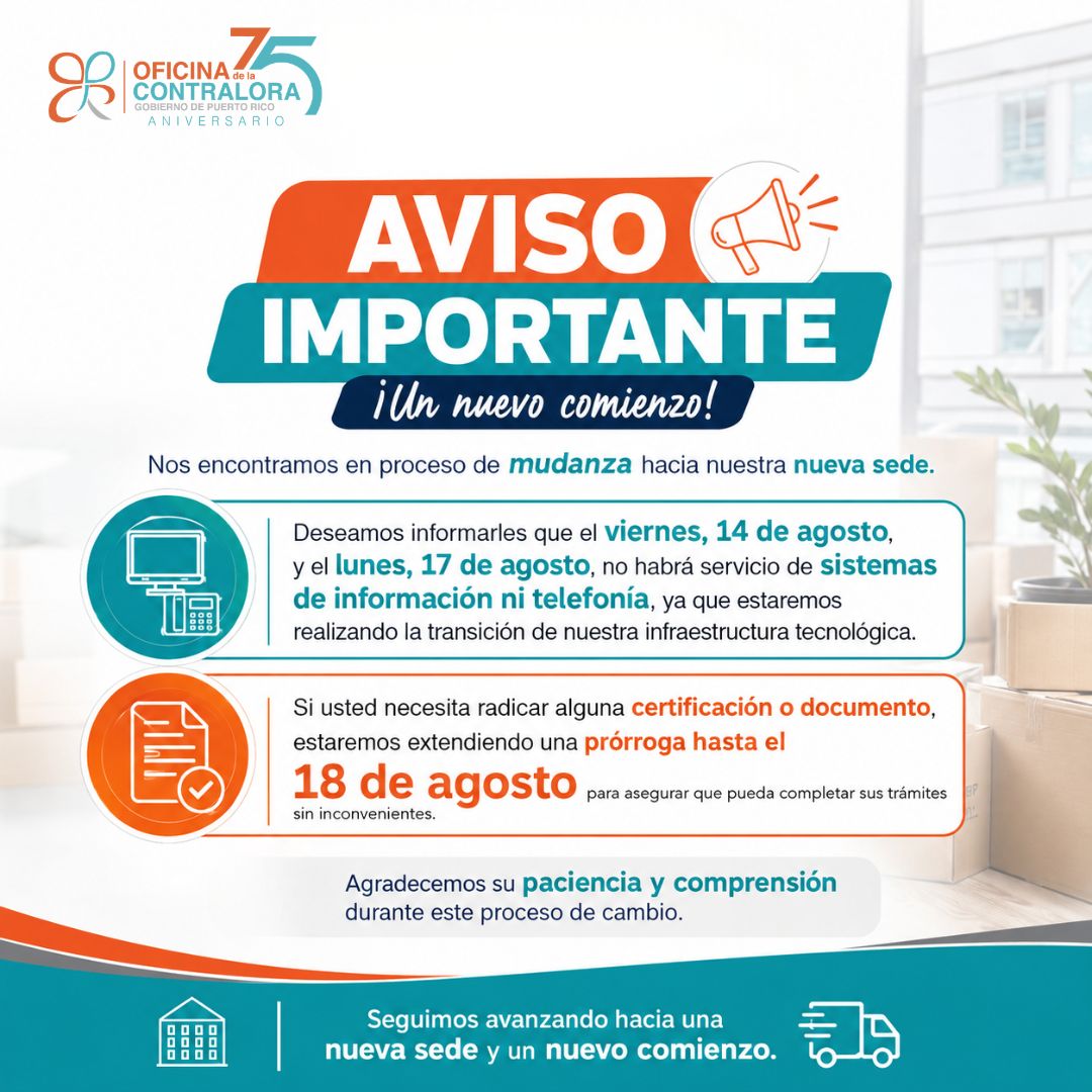 Aviso Importante ¡Un nuevo comienzo! Nos encontramos en proceso de mudanza hacia nuestra nueva sede. Deseamos informarles que el viernes 14 y el lunes 17 de agosto no habrá servicio de sistemas de información ni telefonía, ya que estaremos realizando la transición de nuestra infraestructura tecnológica. Si usted necesita radicar alguna certificación o documento, estaremos extendiendo una prórroga hasta el 18 de agosto para asegurar que pueda completar sus trámites sin inconvenientes. Agradecemos su paciencia y comprensión durante este proceso de cambio.